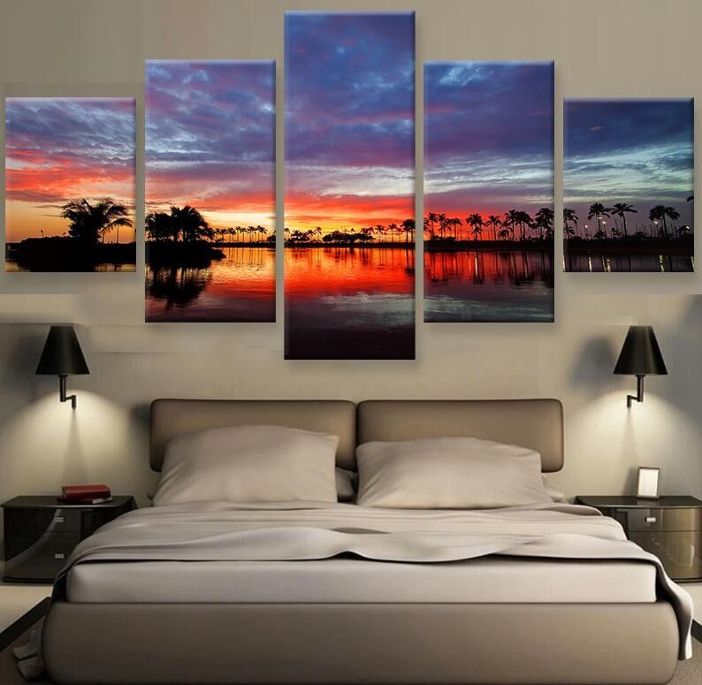 Hawaii Sunset Hd Print Canvas Painting Wall Art 5 Pieces Regarding Most Recently Released Sunset Wall Art (View 14 of 20)