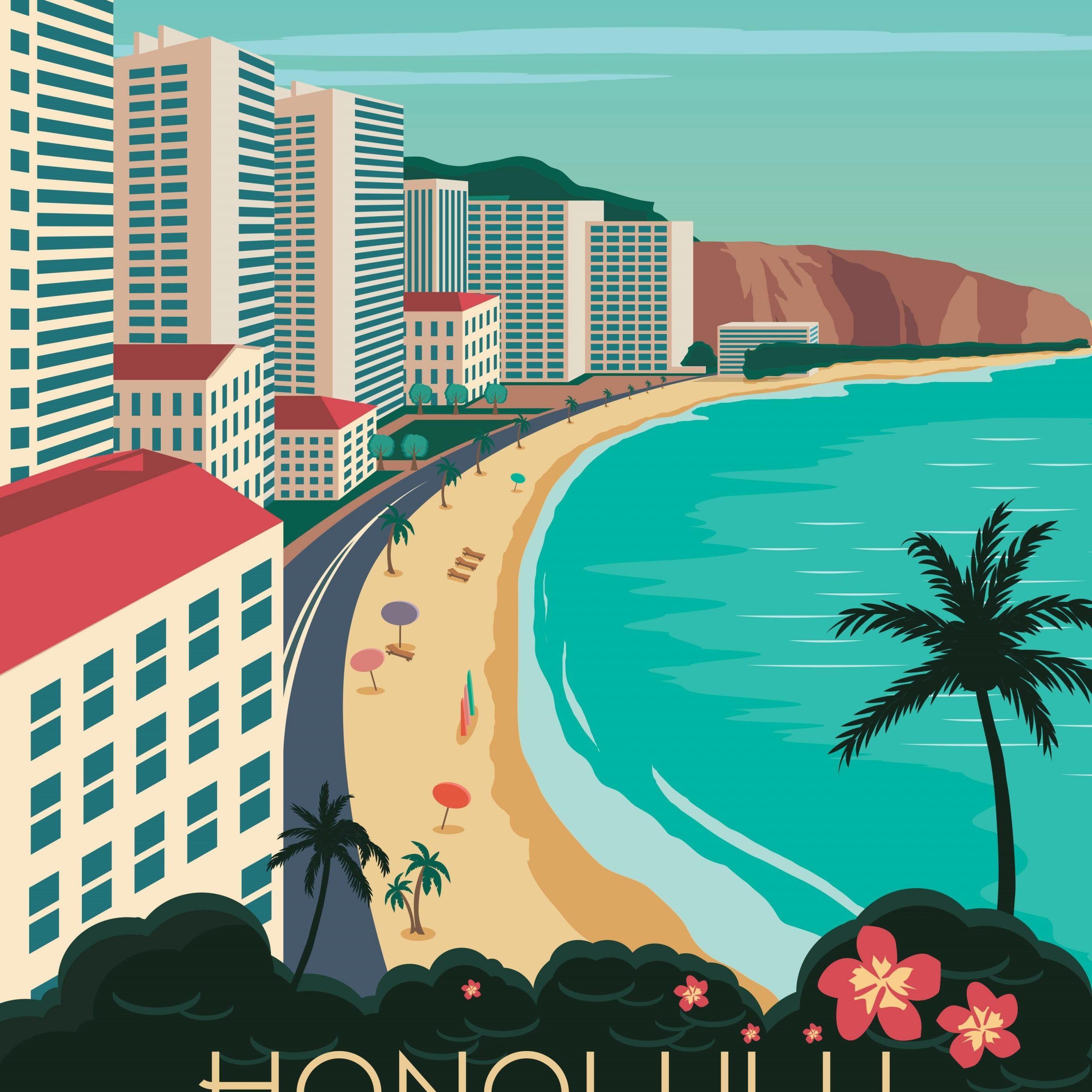 Hawaii Travel Poster Vintage Retro Wall Art Honolulu Map Pertaining To Recent Hawaii Wall Art (View 8 of 20)