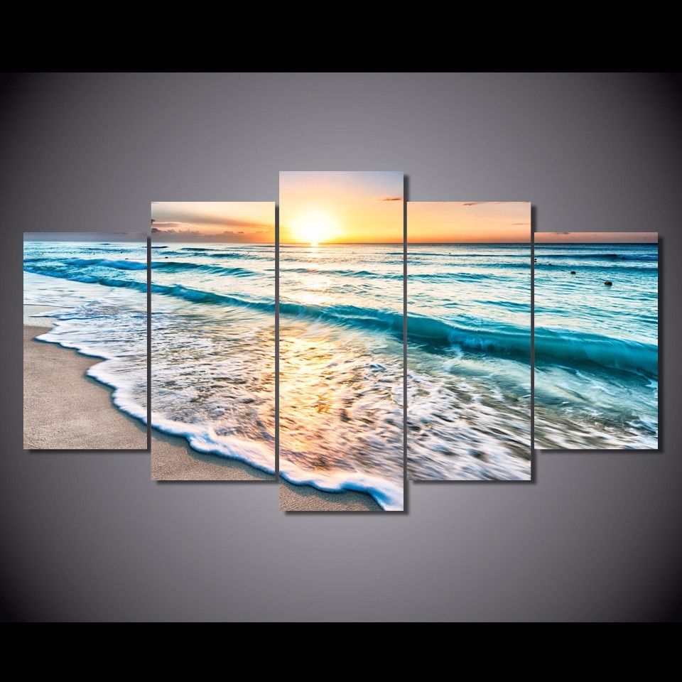 Hd Printed 5 Piece Canvas Art Beach Pictures Seascape With Latest Sunset Wall Art (View 5 of 20)