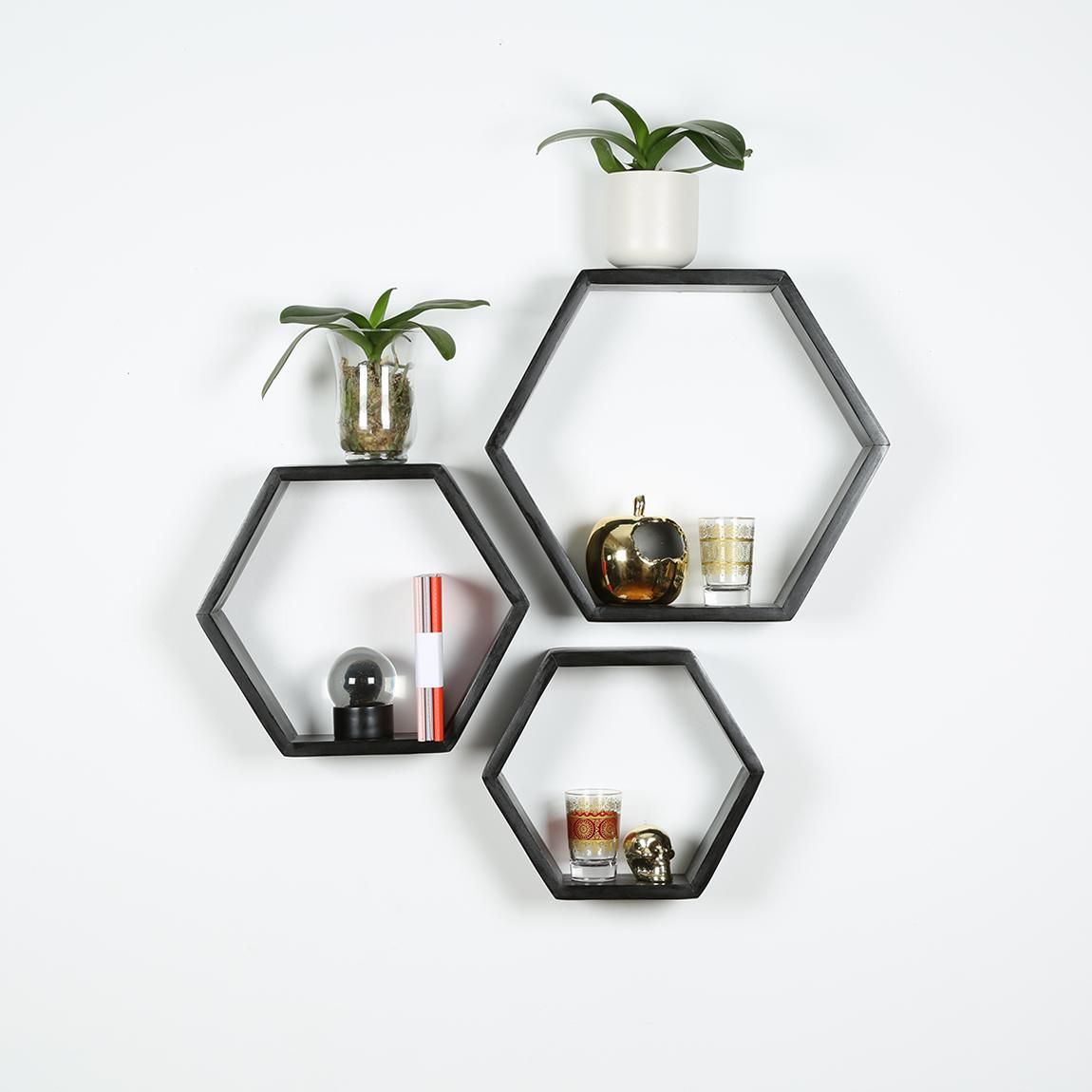 Hexagon Shelf Set Of 3 – Black B&k Design And Decor For Most Up To Date Hexagons Wood Wall Art (View 11 of 20)
