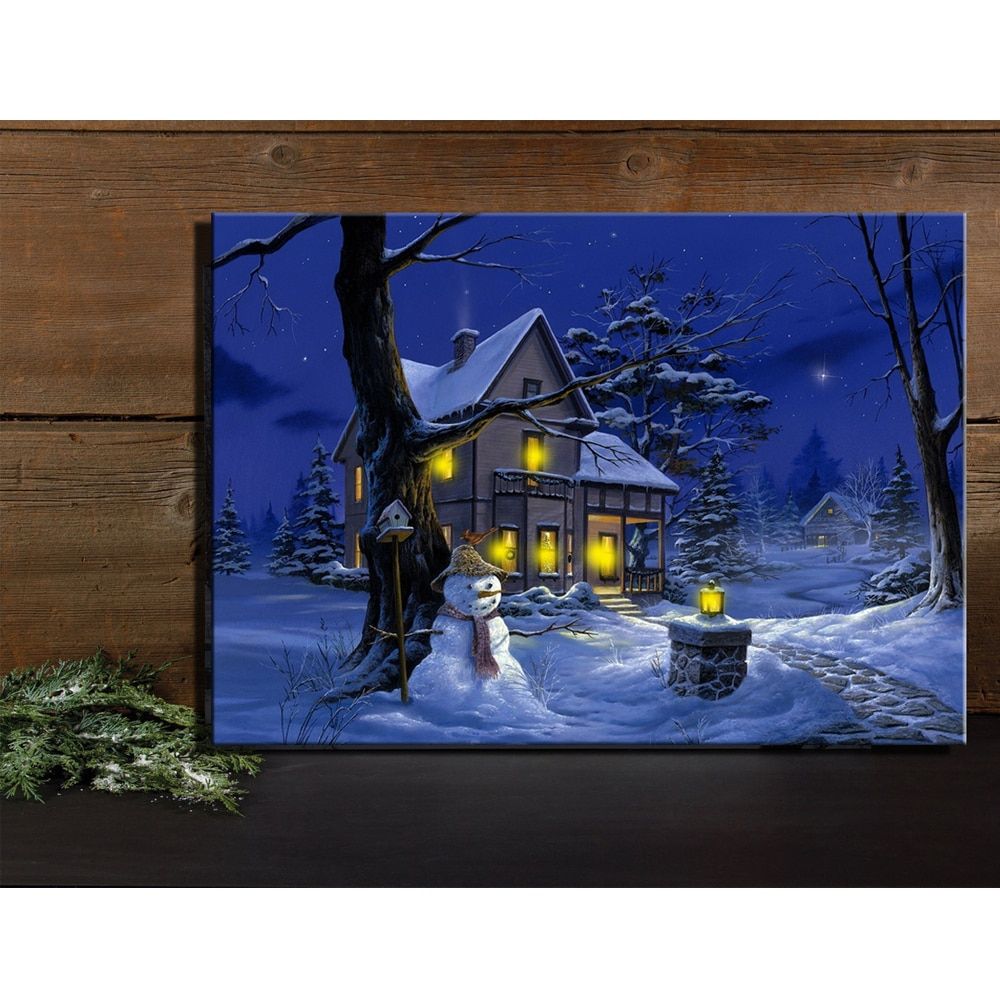 Led Canvas Art Illustrated Beautiful Cottages With Snowman For Most Recently Released Night Wall Art (View 9 of 20)