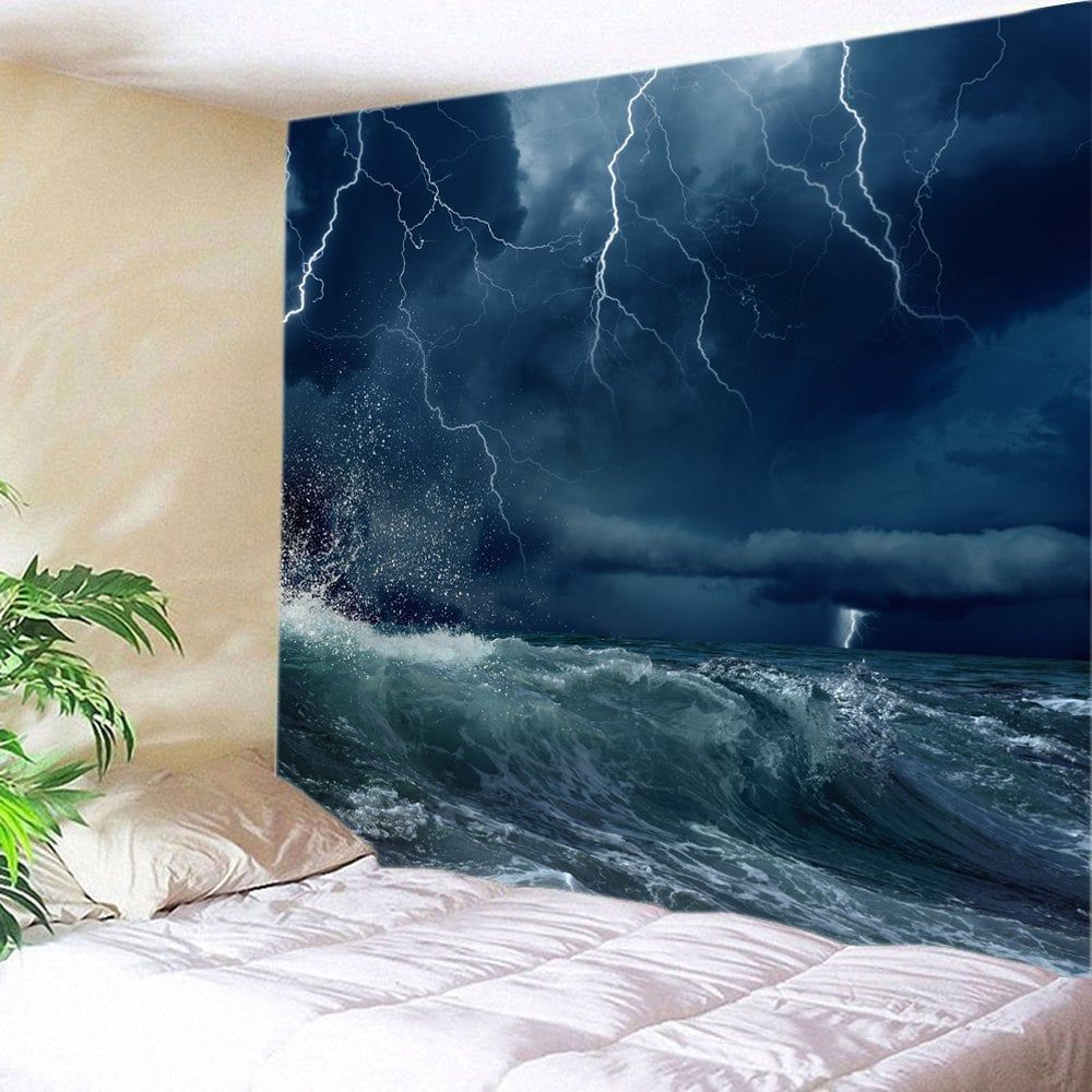 Lightning Ocean Wave Print Tapestry Wall Hanging Art Throughout Best And Newest Wave Wall Art (View 1 of 20)
