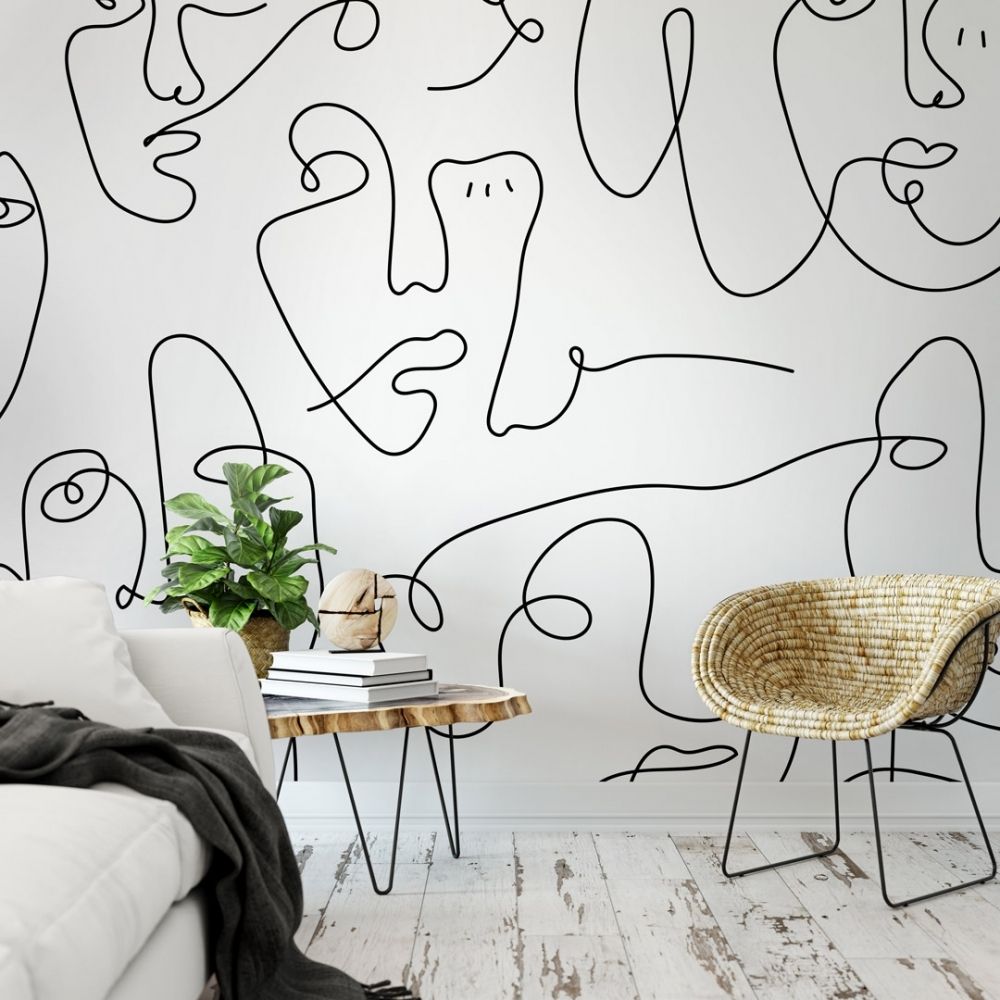 Line Art Faces Mural In Monochrome | I Love Wallpaper With Most Recent Line Art Wall Art (View 2 of 20)
