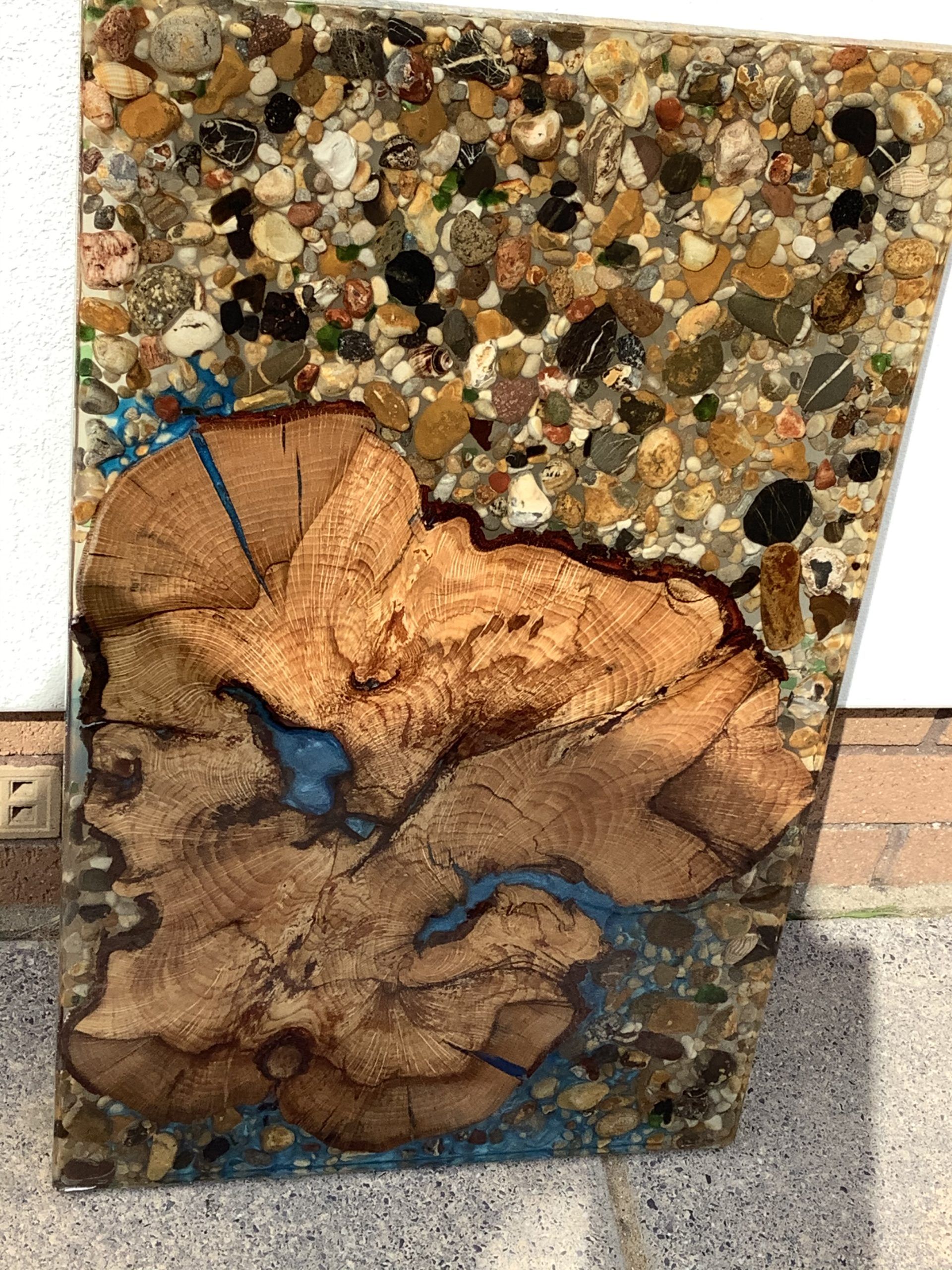 Oak Wood, Blue Resin With Sea Pebbles And Shells Set In Intended For Newest Oak Wood Wall Art (View 11 of 20)