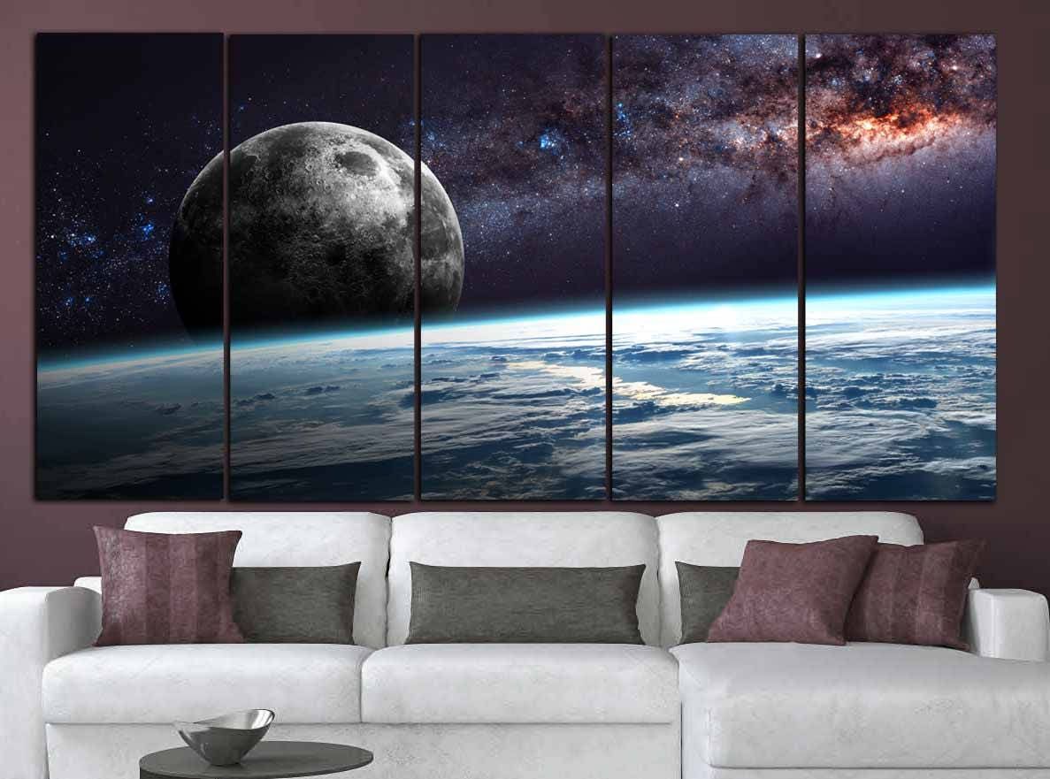 Planet Earth Moon Wall Art,space Wall Art,earth N Moon Art Throughout Current Lunar Wall Art (View 15 of 20)