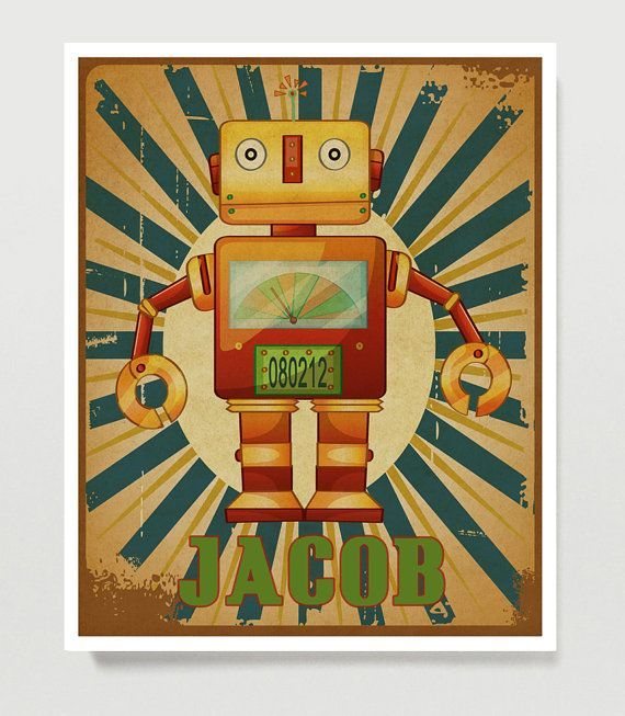 Retro Robot Art, Personalized Kids Wall Art – Robot Pertaining To Most Recent Robot Wall Art (View 9 of 20)