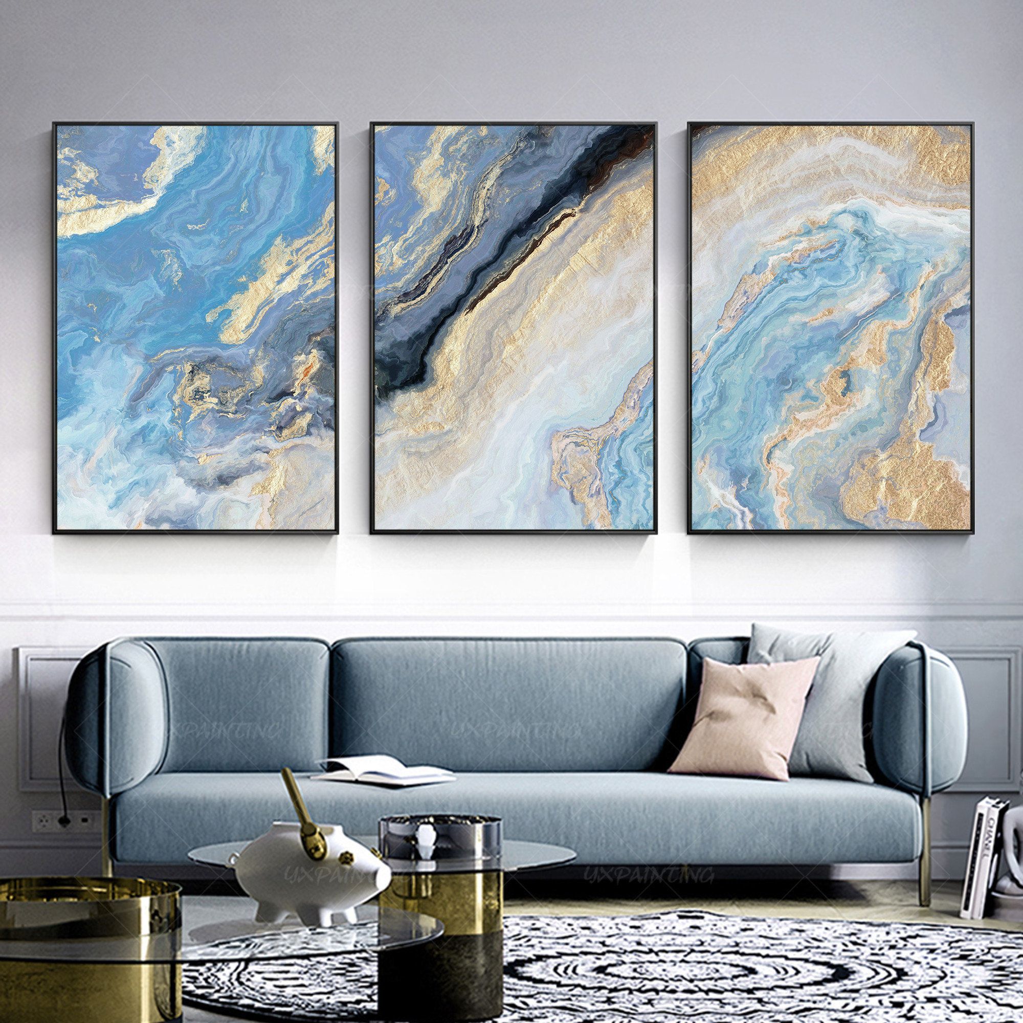 Set Of 3 Art Printable Wall Art Gold Blue Acrylic Pour Sea In Latest Wave Wall Art (View 6 of 20)