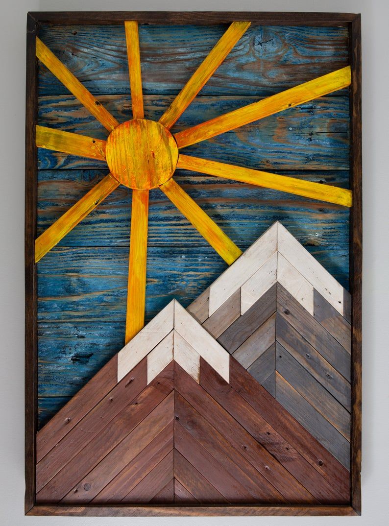 Snowy Mountains And Sun Reclaimed Wood Art Piece. Rustic Within Newest Mountain Wall Art (Gallery 19 of 20)