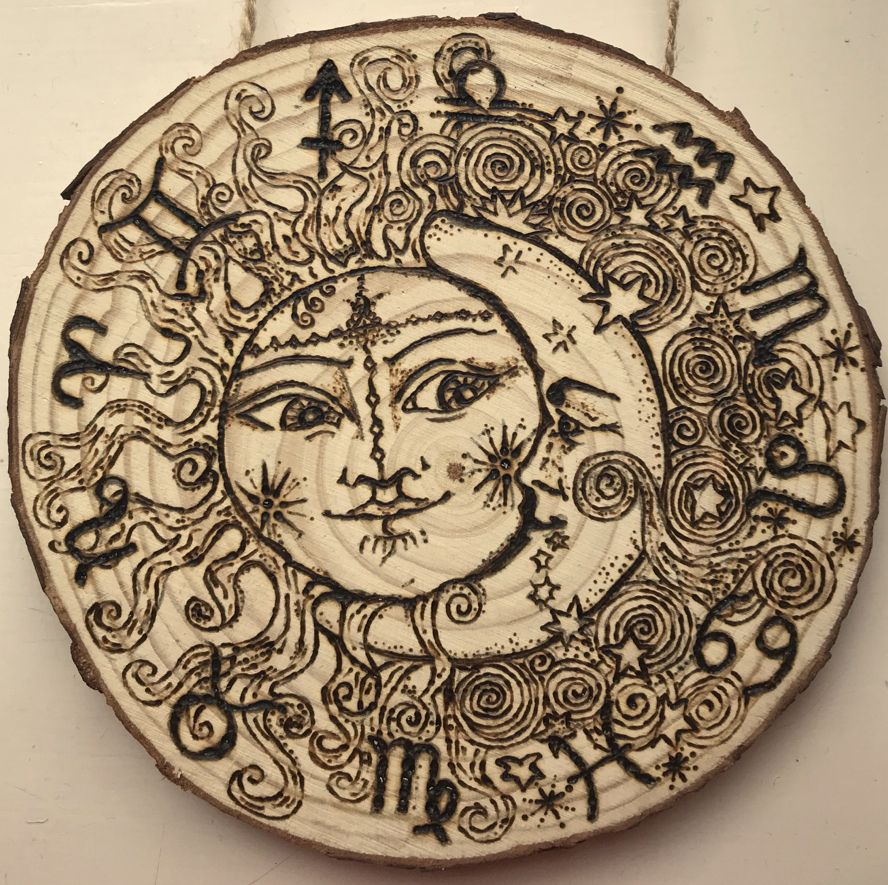 'sol Et Luna' – Sun & Moon – Pyrography Wall Plaque Throughout Current Luna Wood Wall Art (View 12 of 20)