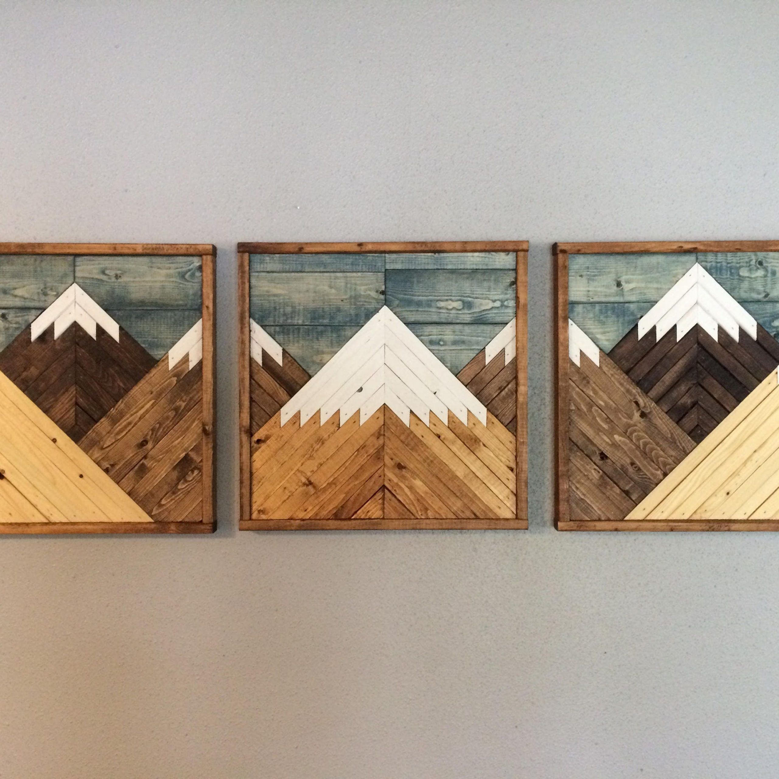 Stained Mountain Tops Set Of 3. Reclaimed Wood Wall Art (View 3 of 20)