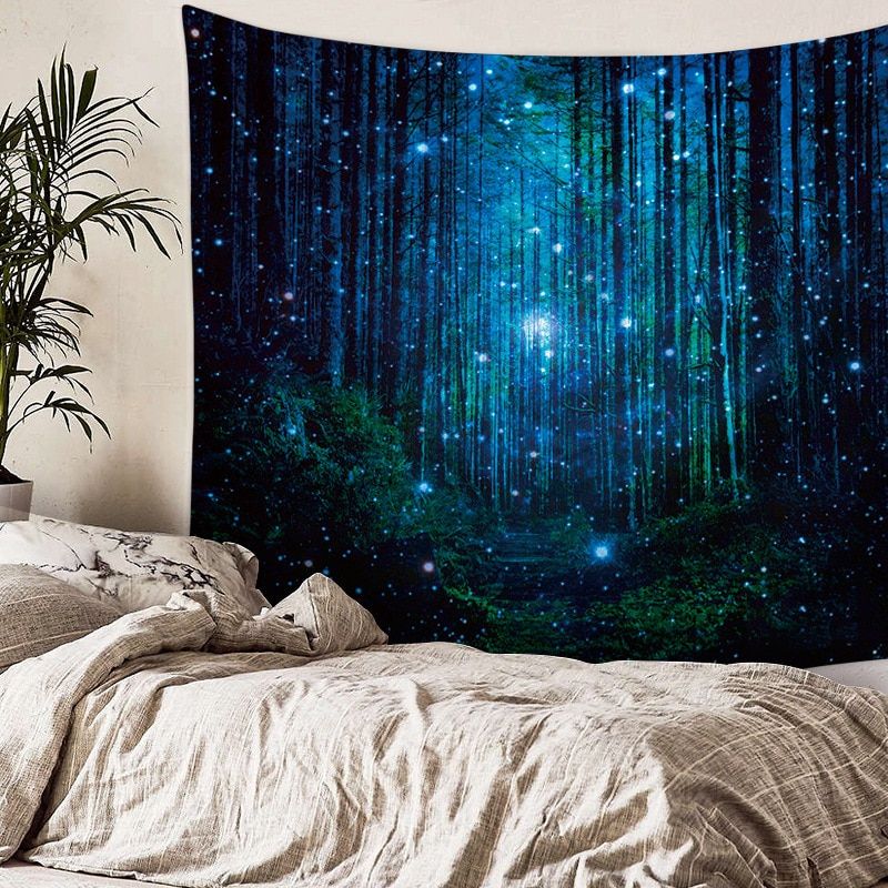 Starry Night Forest Tree Tapestry Wall Hanging Printed With Regard To Most Popular Night Wall Art (View 17 of 20)