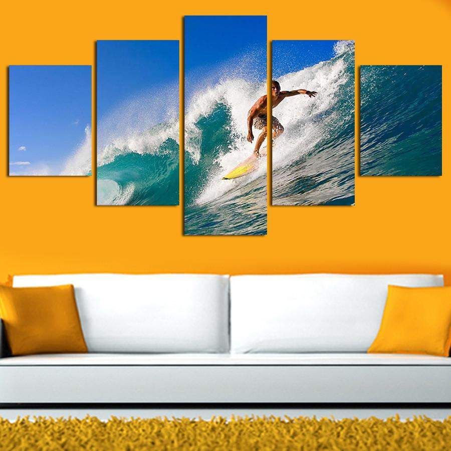 Surfing Waves | 5 Panel Wall Art Canvas Prints Regarding Recent Wave Wall Art (View 11 of 20)