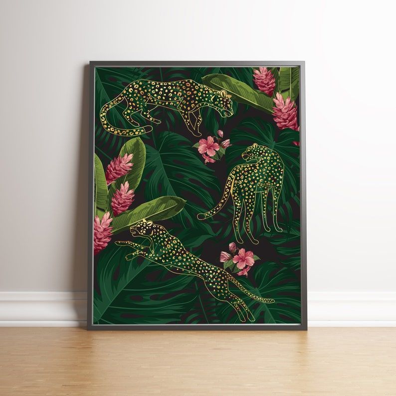 Tropical Art Deco Wall Print Gold Leopard Poster Jungle | Etsy Throughout Most Recent Jungle Wall Art (View 16 of 20)