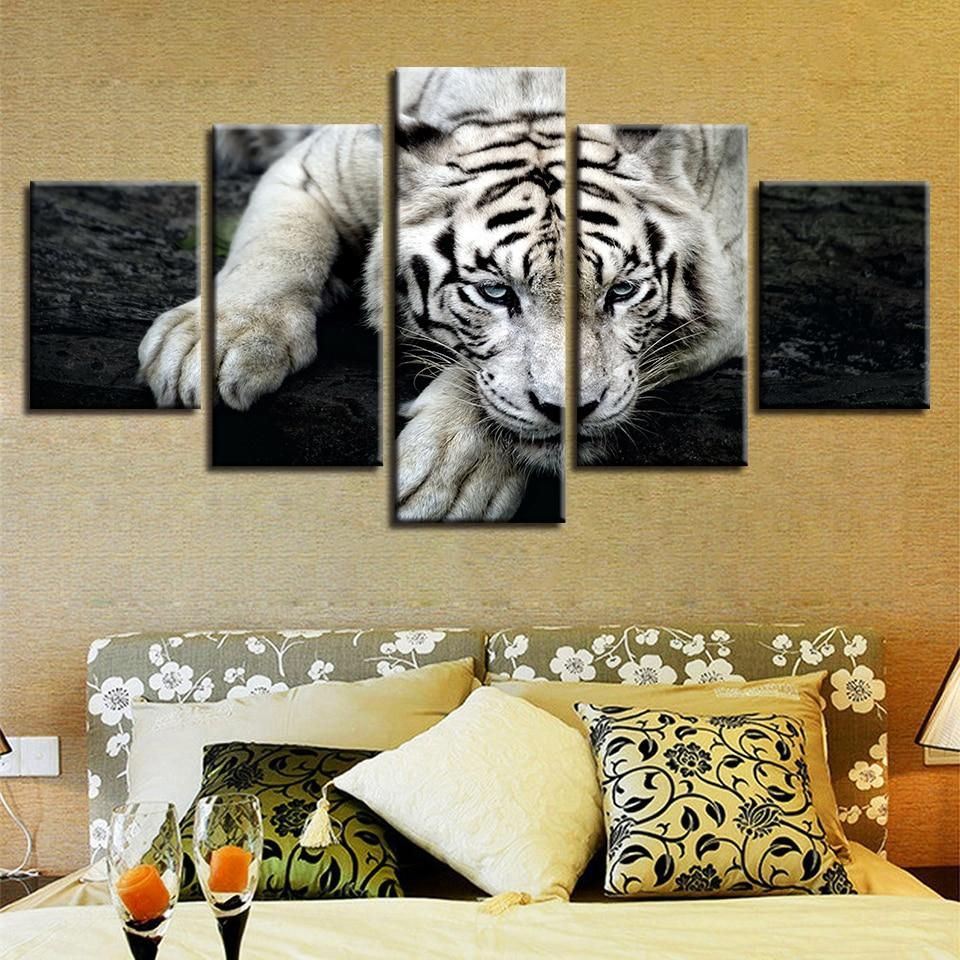 White Tiger 06 – Animal 5 Panel Canvas Art Wall Decor Inside Newest Tiger Wall Art (View 4 of 20)