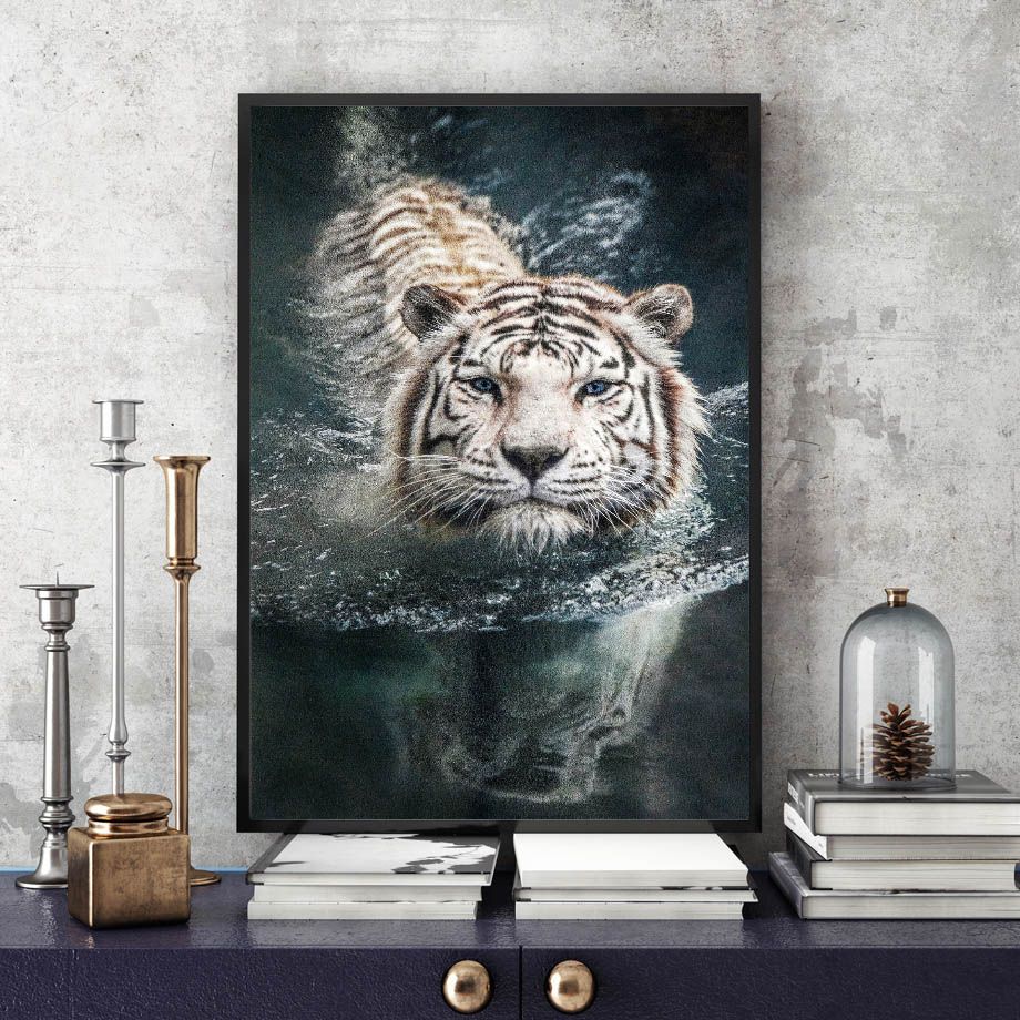 White Tiger Swimming Wall Art Canvas Painting Nordic Within Newest Tiger Wall Art (View 11 of 20)