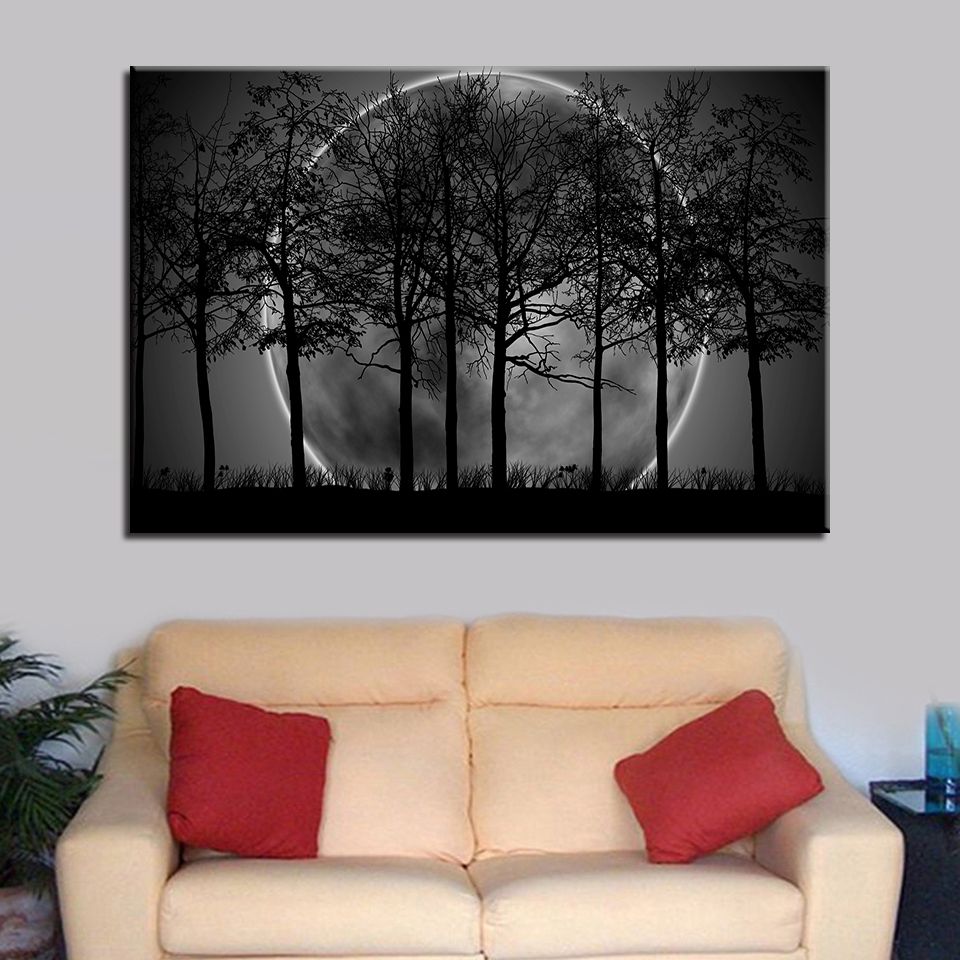 1 Pcs Black White Moon Night Psychedelic Forest Tree Wall Art Poster With Regard To Newest Moonlight Wall Art (View 20 of 20)