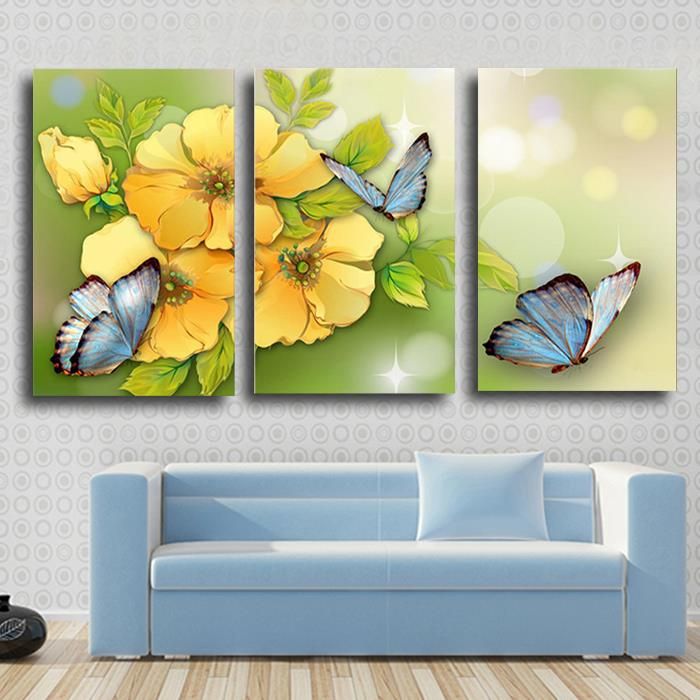 3 Piece Yellow Flower And Butterfly Modern Home Wall Wedding Decor Pertaining To Best And Newest Yellow Bloom Wall Art (View 8 of 20)