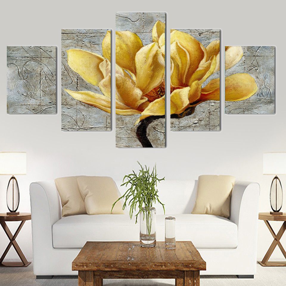 5 Beautiful Panel Yellow Roses Flowers Oil Painting On Canvas Wall Art Within Most Current Yellow Bloom Wall Art (View 9 of 20)