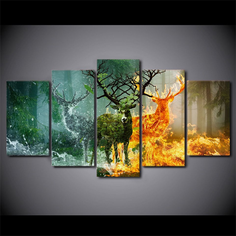 5 Panel Hd Printed Nature Forest Deer Wall Art Pictures Modular Home Within Most Popular Natural Wall Art (View 14 of 20)