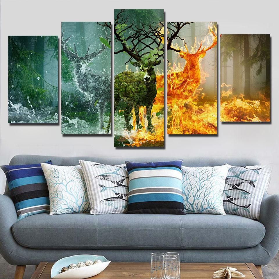 5 Panel Wall Art Canvas Paintings Abstract Art Deer Canvas Painting For Most Popular Natural Wall Art (View 13 of 20)
