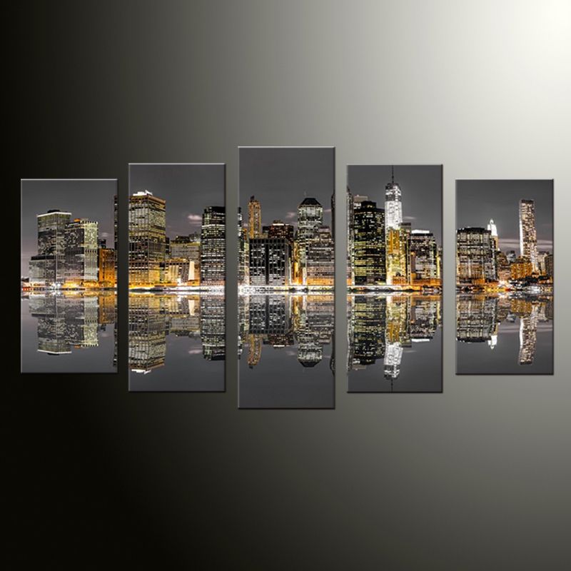 5 Pieces Canvas Printing Home City Reflection Landscape Wall Art Regarding 2018 Reflection Wall Art (View 15 of 20)