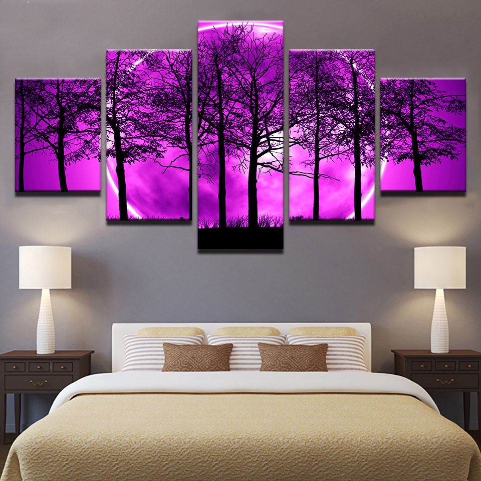 5 Pieces Purple Moon Night Psychedelic Forest Painting Wall Art Trees Throughout Most Up To Date Moonlight Wall Art (View 9 of 20)