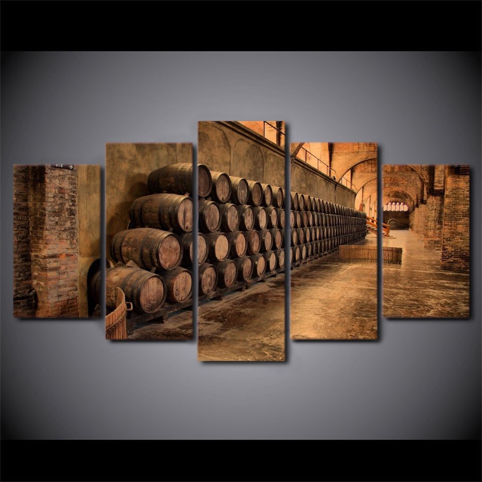 5 Pieces Wine Cellar Barrels Wall Art Canvas Pictures For Living Room For 2018 Wine Wall Art (View 13 of 20)