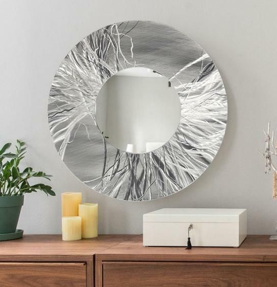 Abstract Hand Etched Silver Metal Wall Art Mirror Round Wall Mirror Intended For Most Popular Metal Mirror Wall Art (View 11 of 20)