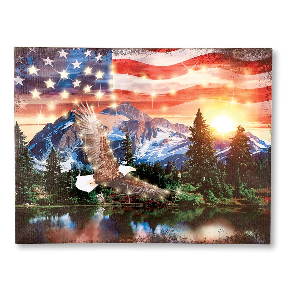 American Majestic Soaring Eagle, Flag & Mountains Patriotic Lighted Regarding Newest Eagle Wall Art (View 8 of 20)