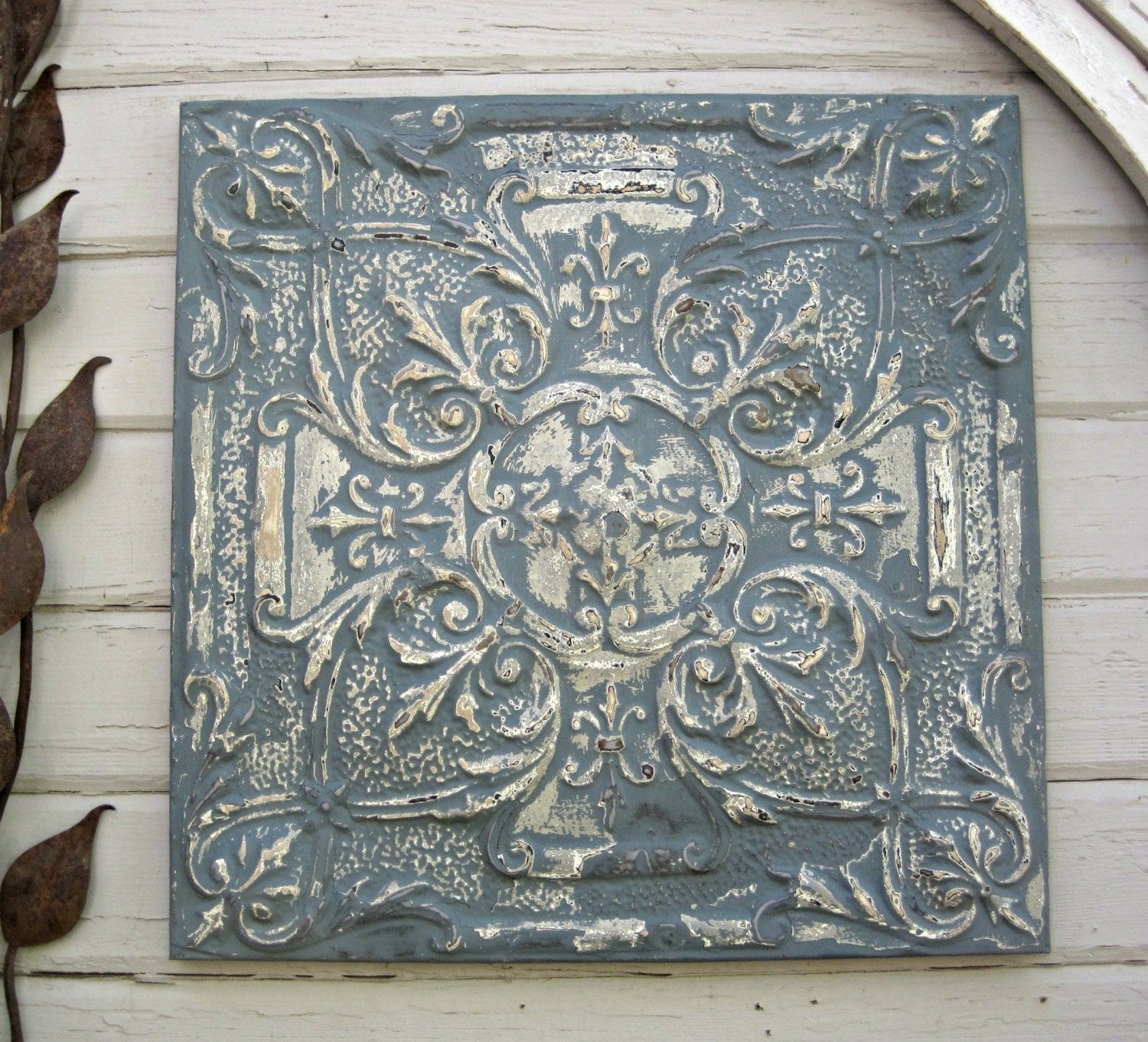 Antique Ceiling Tin Tile Framed Large Blue Metal Wall Art (View 11 of 20)