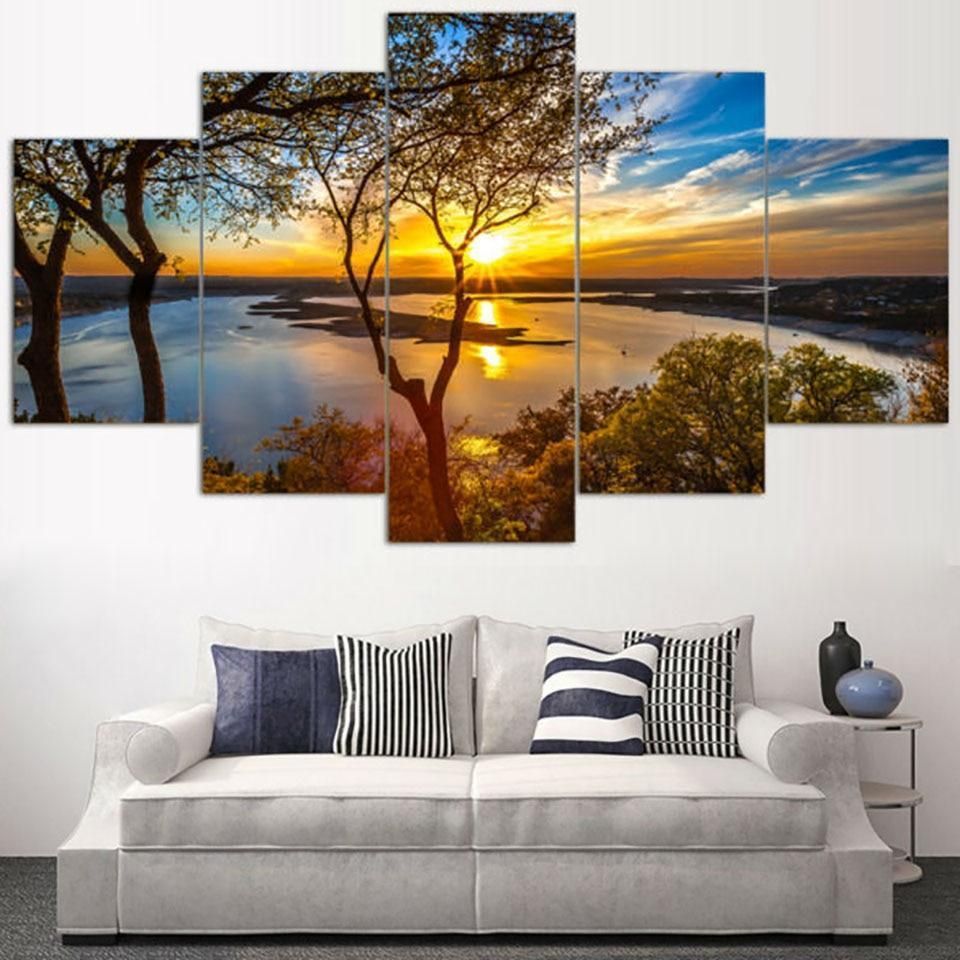 Beautiful Sunrise Lakeview – Nature 5 Panel Canvas Art Wall Decor Inside 2018 Natural Wall Art (View 3 of 20)