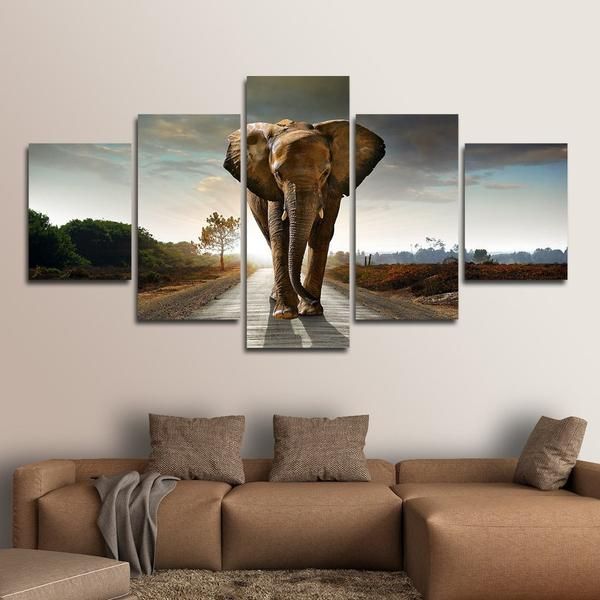 Brown African Elephant – Animal 5 Panel Canvas Art Wall Decor – Canvas With Regard To Current Elephants Wall Art (View 5 of 20)