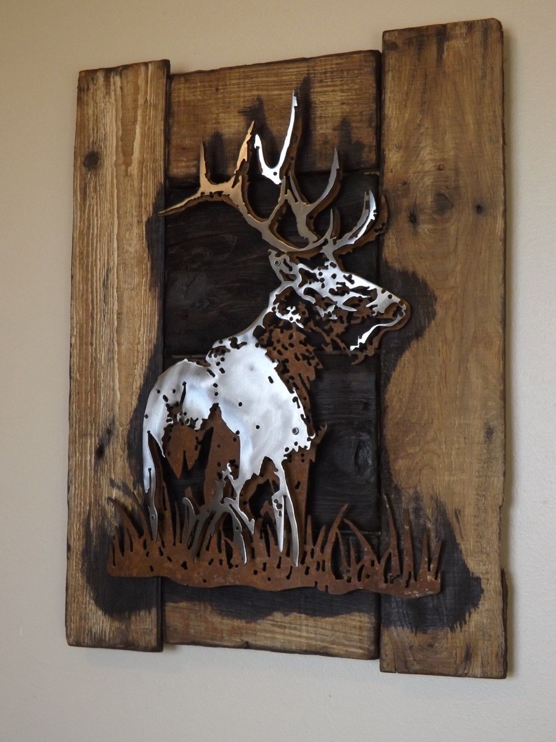Bull Elk Rustic 3d Layered Medal Art On Reclaimed Wood Frame | Etsy Throughout Most Popular Layered Rings Metal Wall Art (View 1 of 20)