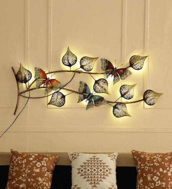 Buy Metal Butterfly On Leaf With Led In Multicolour Wall Artmalik Intended For Current Pierced Metal Leaf Wall Art (View 2 of 20)