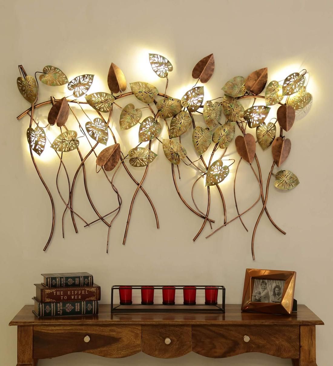 Buy Wrought Iron Hanging Leaf In Golden With Led Wall Artmalik For Recent Gold Leaves Wall Art (View 3 of 20)