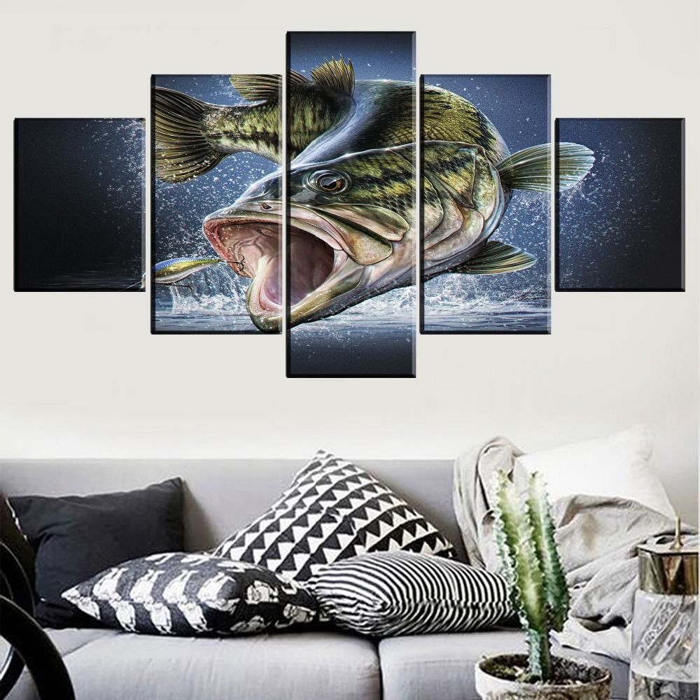 Canvas Print Painting Home Decor Largemouth Bass Fish Jumping Out Of In Current The Bassist Wall Art (View 8 of 20)