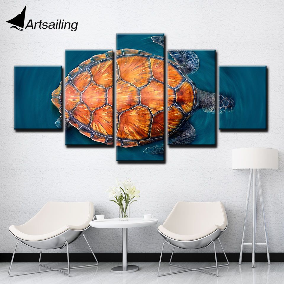 Canvas Wall Art 5 Pieces Sea Turtle Swimming Painting Wall Art Painting With Current Swimming Wall Art (View 3 of 20)