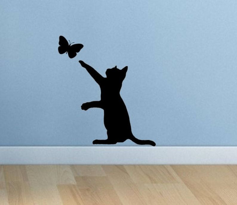 Cat Butterfly Black Silhouette Vinyl Sticker Wall Art Decal | Etsy Pertaining To Most Recent Silhouette Wall Art (View 15 of 20)