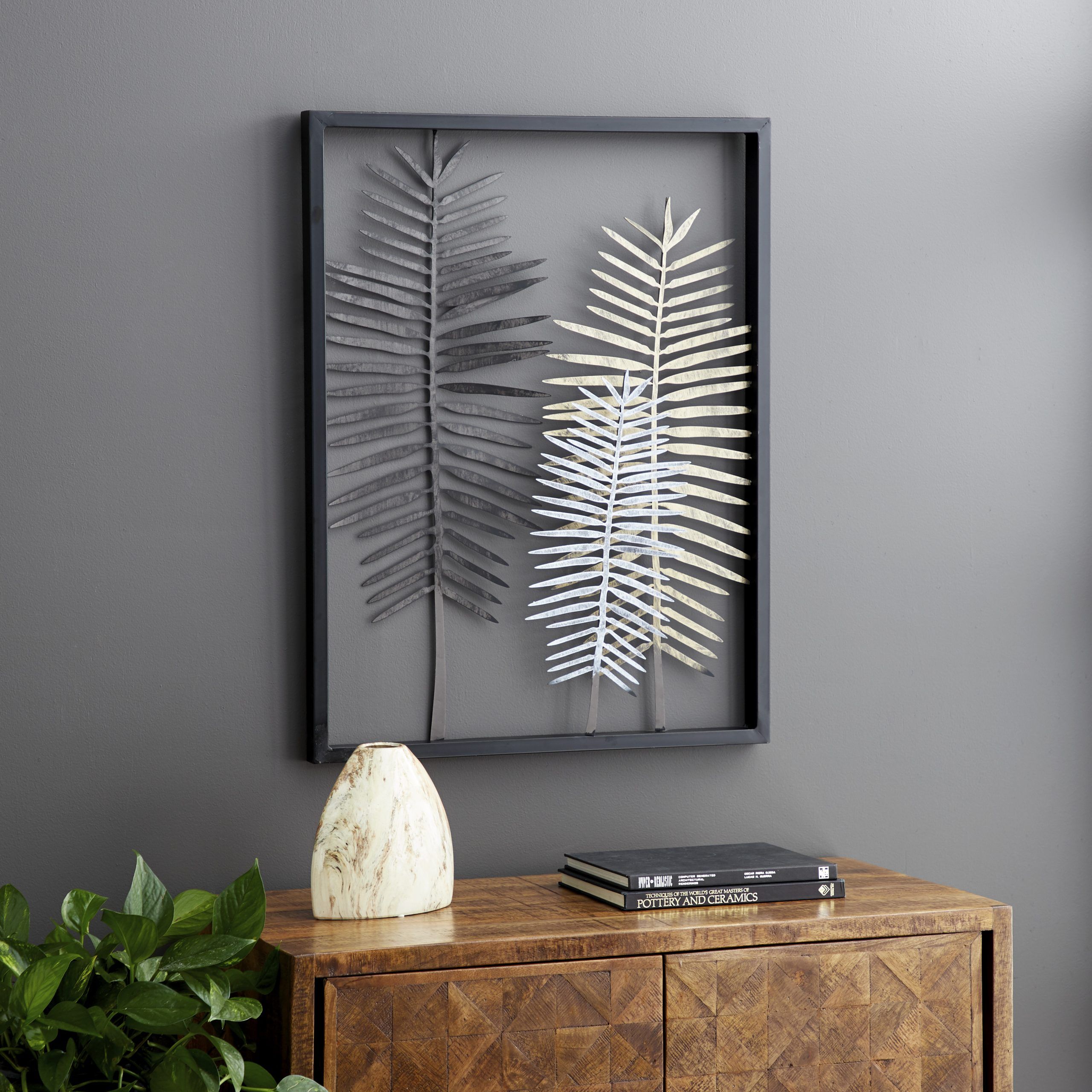 Decmode – 3d Gold, Silver, And Black Metal Fern Wall Art, 25" X 33 With Regard To 2017 Gold And Silver Metal Wall Art (View 5 of 20)