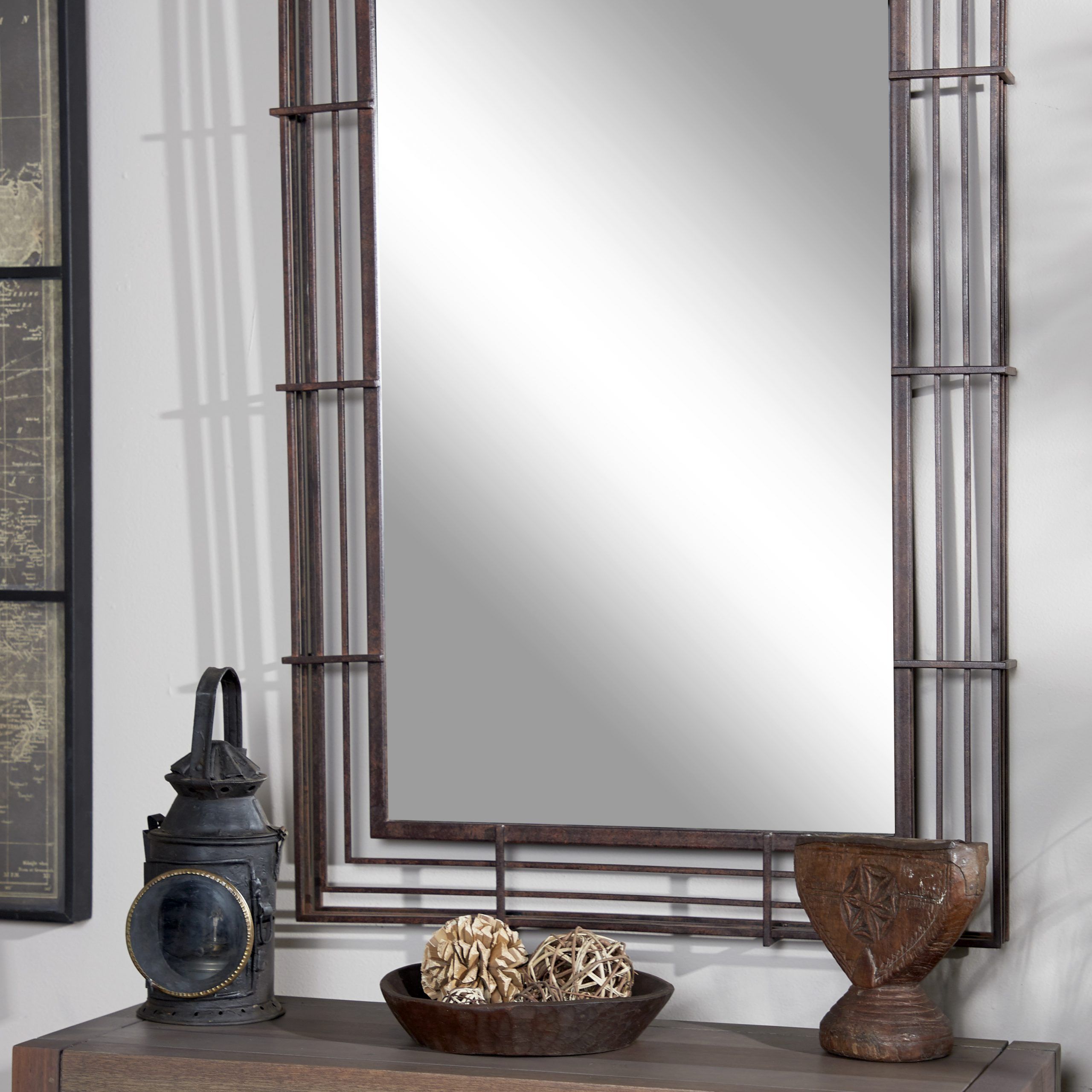 Decmode – Large Rectangular Industrial Wrought Iron Wall Mirror With With Most Recent Square Bronze Metal Wall Art (View 13 of 20)