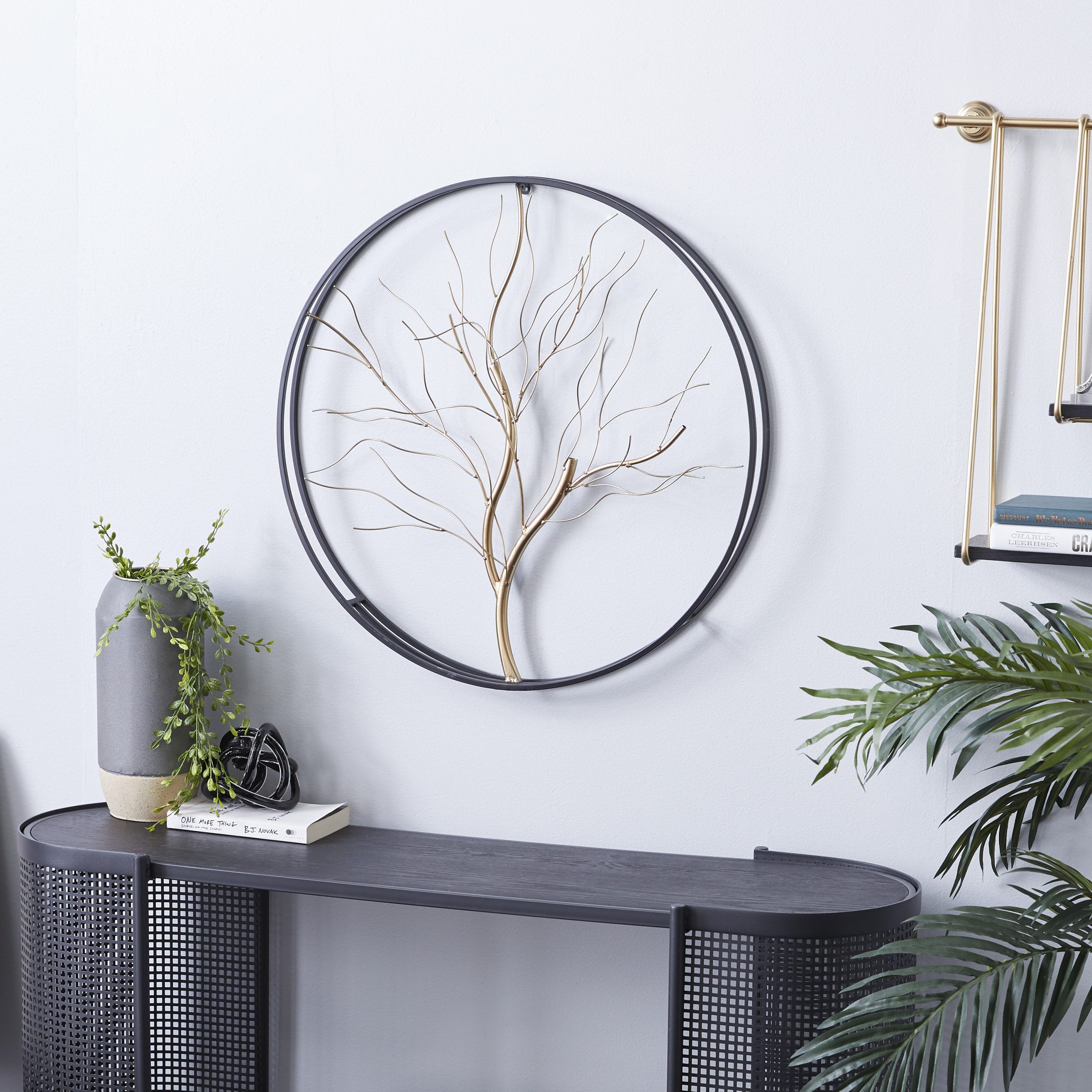 Decmode Large Round Glam Metal Wall Décor W/ Black Metal Frame And Tree Pertaining To Most Current Spiral Circles Metal Wall Art (View 5 of 20)