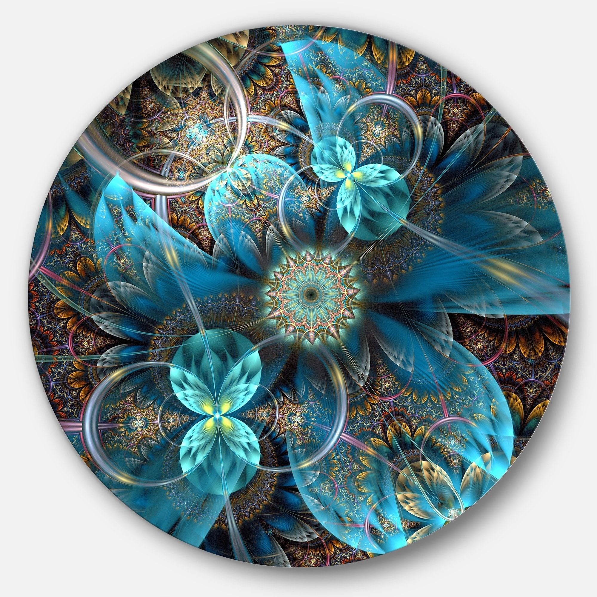 Designart Fractal Blue Flowers' Disc Floral Circle Metal Wall Art Throughout Most Up To Date Blue Morpho Wall Art (View 1 of 20)