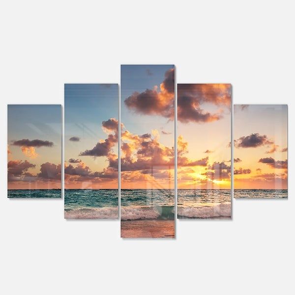 Designart 'sunrise On Beach Of Caribbean Sea' Large Beach Glossy Metal Inside 2018 Sunrise Metal Wall Art (View 17 of 20)