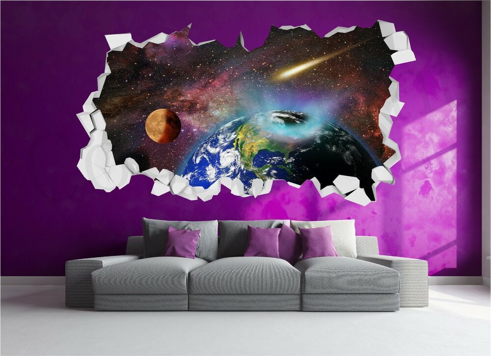 Earth Space Planets Stars Brick Crumbled Wall 3d Wall Art Sticker Decal In Most Up To Date Earth Wall Art (View 10 of 20)