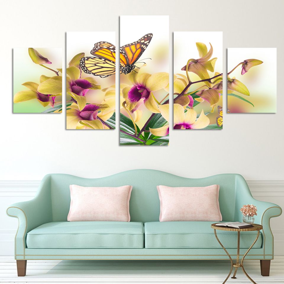 Fashion Design 5 Panel Modern Wall Painting Yellow Flowers Abstract Within 2017 Yellow Bloom Wall Art (View 6 of 20)