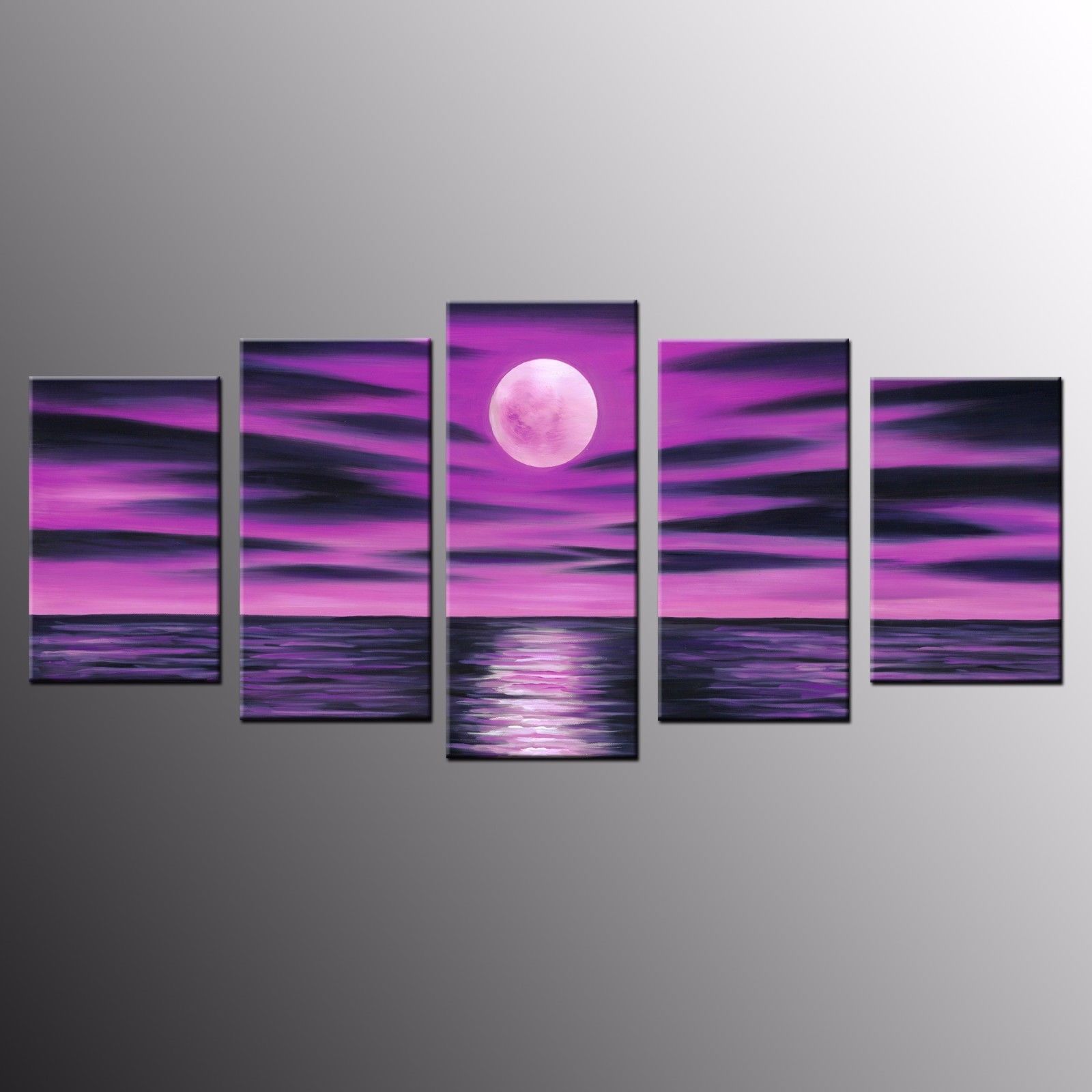 Framed 5 Panel Purple Moon Oil Canvas Print Painting Wall Art Picture Intended For Best And Newest Moonlight Wall Art (View 15 of 20)