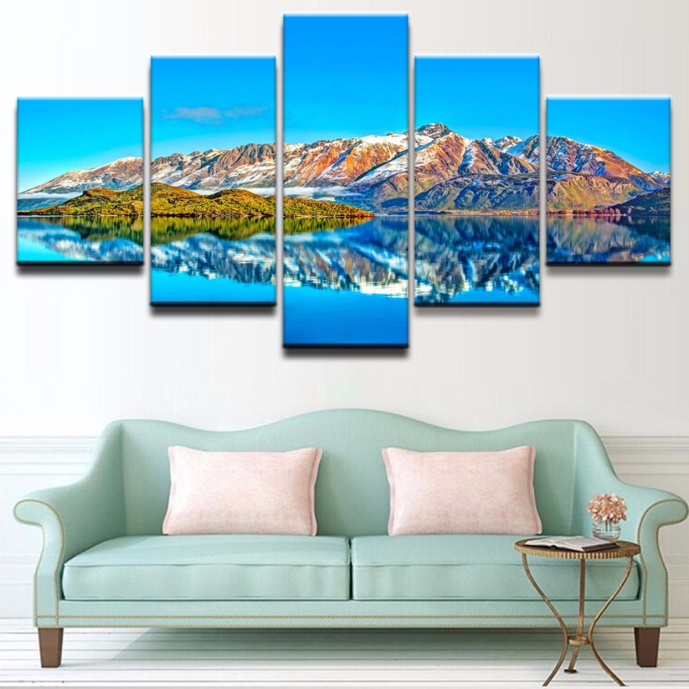 Framework Canvas Hd Prints Wall Art 5 Pieces Azure Lake Mountain Intended For 2017 Reflection Wall Art (View 7 of 20)