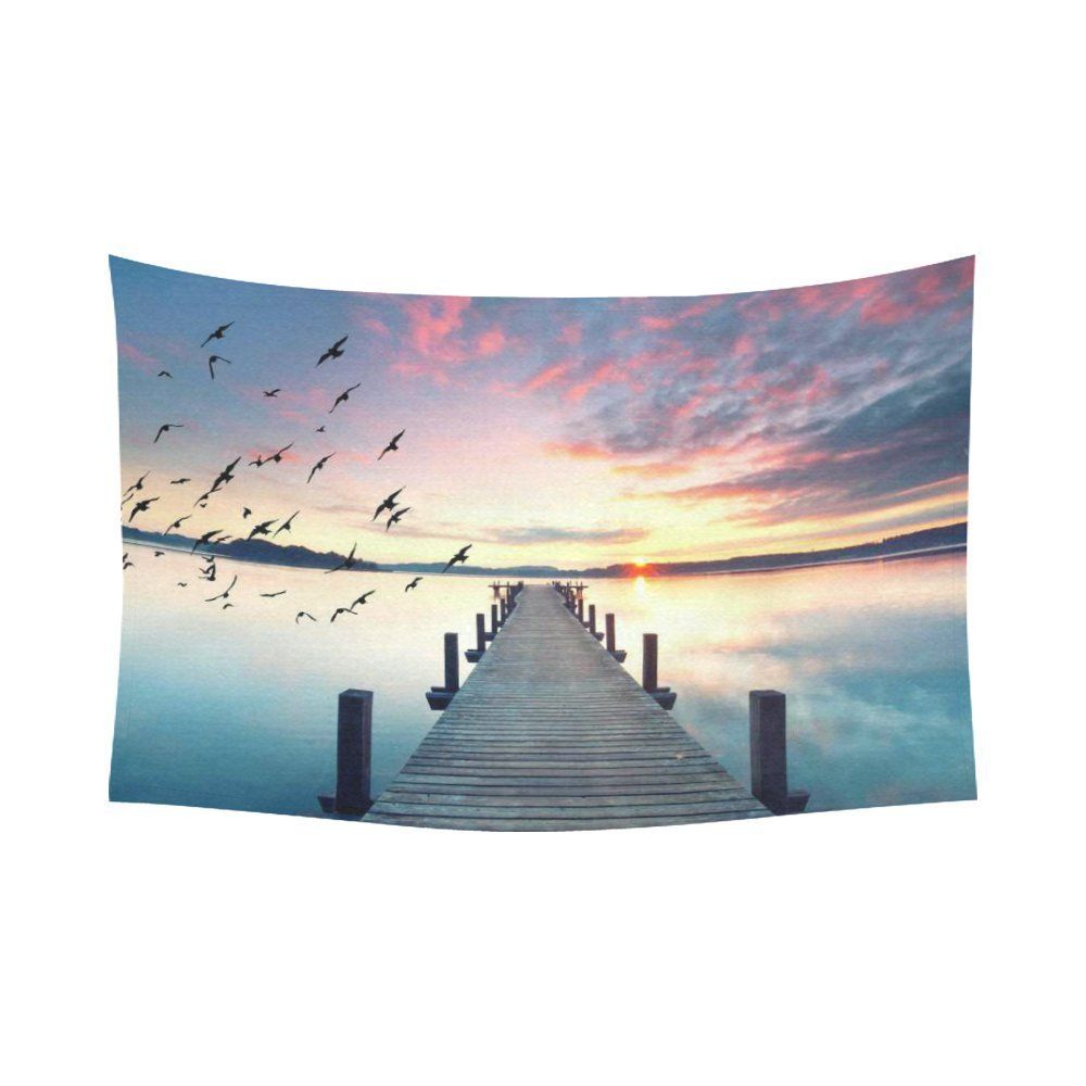 Gckg Bird Sunrise Wood Bridge Way Pier Lake Tapestry Wall Hanging Cloud Intended For 2017 Pier Wall Art (View 8 of 20)