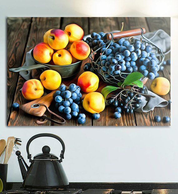 Grapes & Peaches Canvas, Fruit Art, Kitchen Wall Art, Fruit Print Regarding Most Popular Grapes Wall Art (View 14 of 20)