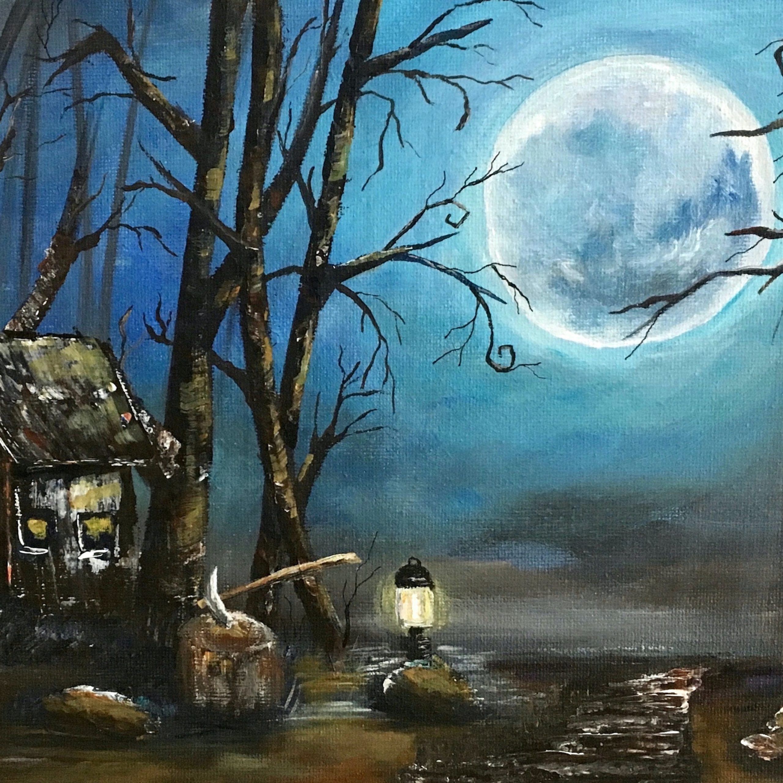 Halloween Wall Decor Poster Full Moon Painting Original | Etsy Inside Most Recent Moonlight Wall Art (View 13 of 20)